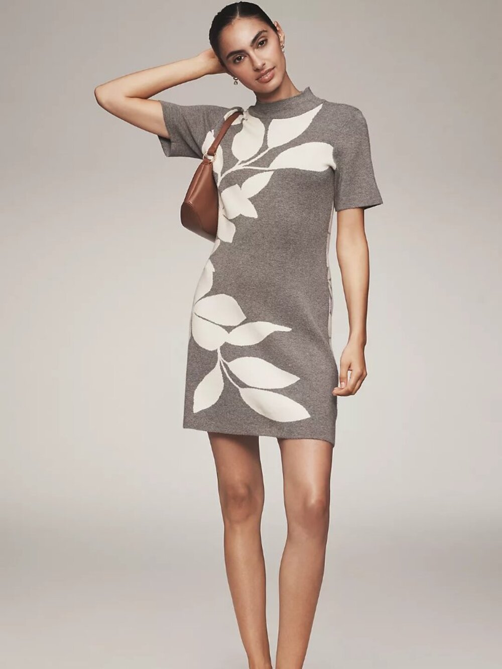 Anthropologie Nina Short-Sleeve Mock-Neck Mod Sweater Mini Dress Grey Floral XS - Picture 3 of 4